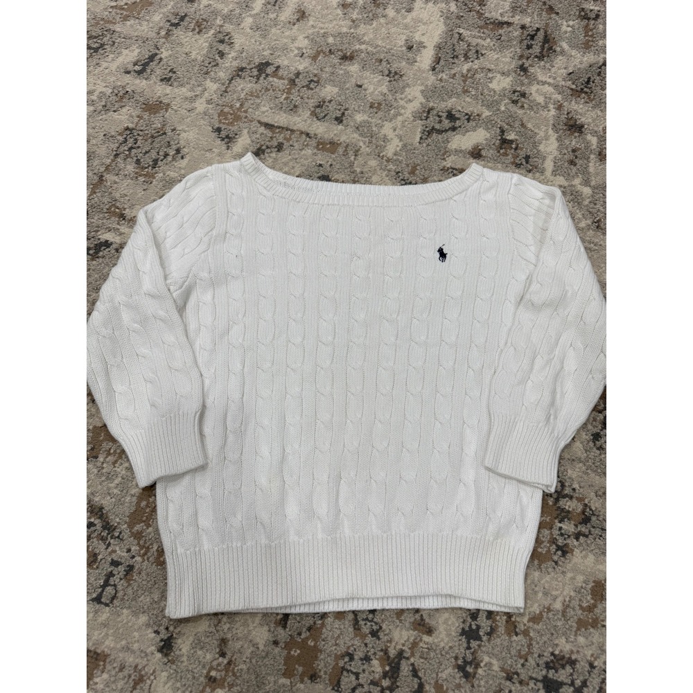 Polo Ralph Lauren Womens Cable Knit Boat Neck Sweater Cream White Navy Pony